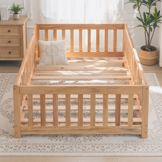 Sunvega Full Size Pine Wood Floor Bed with Safety Guardrails and Door