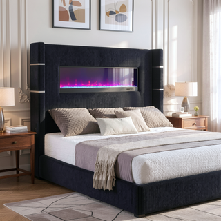 Sunvega Queen Size Upholstered Wingback Panel Bed with Black Corduroy and Flame Box