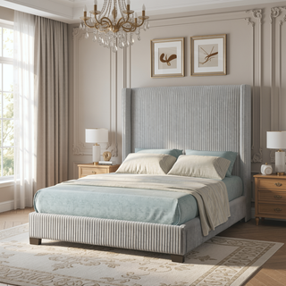 Sunvega Queen Upholstered Pleated Bed in a Box with Sturdy Dark Brown Frame