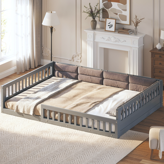 Sunvega Beige Full Size Upholstered Wood Platform Bed with Guardrail and Pillow
