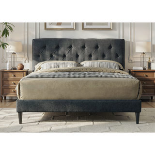 Sunvega Queen Upholstered Pleated Bed in a Box with Sturdy Dark Brown Frame