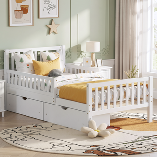 Sunvega Twin Size Walnut Wood Platform Bed with Guardrails and Two Storage Drawers