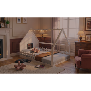 Sunvega Full Size Wood House Bed with Fence Window and LED Lights