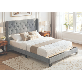 Sunvega Gray Polyester Fabric Wingback Bed with Button-tufted Details and Nailhead Trim