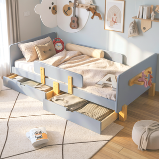 Sunvega Twin Size Solid Wood Platform Bed with Storage Drawers and Guardrail