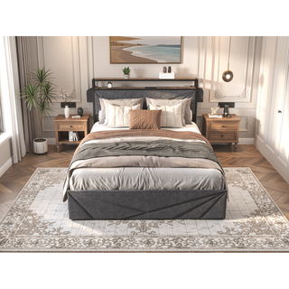 Sunvega Queen Upholstered Bed Frame with Headboard LED Lights Charging Station and 4 Storage Drawers