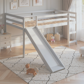 Sunvega Twin Size Wood Loft Bed with Slide Ladder and Guard Rails for Safety