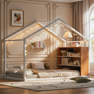 Sunvega Twin Size Black Metal House Bed Frame with Shelves and LED Lights