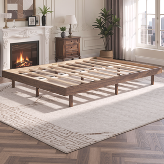 Sunvega Modern Floating Platform Bed Frame in Walnut with Sturdy Wood Construction