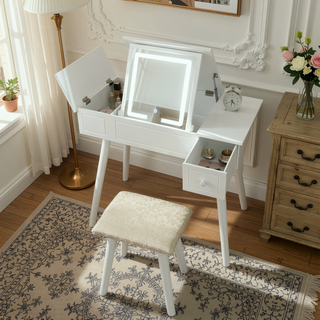 Sunvega Makeup Vanity Desk Set with Large LED Light Mirror and Storage Drawers