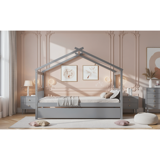 Sunvega Twin Size Wooden House Bed with Trundle and Headboard for Kids Room
