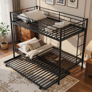 Sunvega Twin over Twin Bunk Bed with Trundle in White for Small Spaces