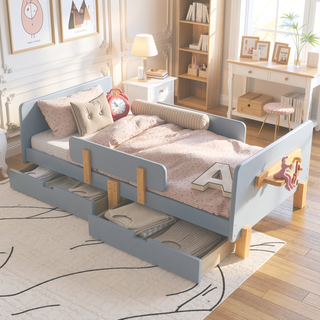Sunvega Twin Size Solid Wood Platform Bed with Storage Drawers and Guardrail