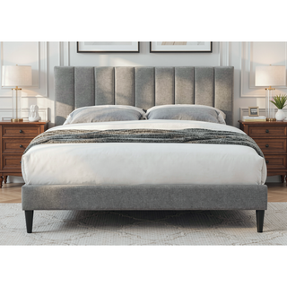 Sunvega Queen Upholstered Pleated Bed in a Box with Sturdy Dark Brown Frame