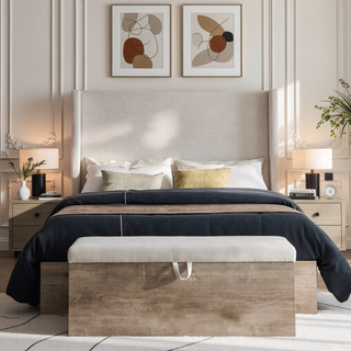 Sunvega Upholstered Wingback Bed with 54 Inch High Headboard in Textured Ivory Canvas Chenille