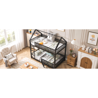 Sunvega Sturdy Metal Twin over Twin House Bunk Bed with Fence and Door