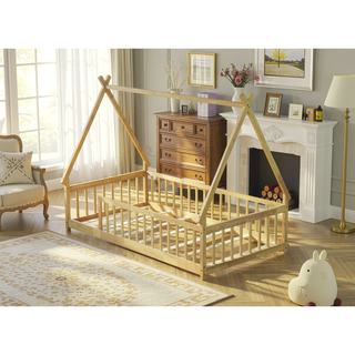 Sunvega Twin Tent Teepee Bed with Guardrails Slats and Door in Grey
