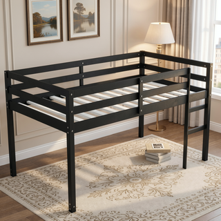 Sunvega Espresso Rubber Wood Low Height Loft Bed with Ladder for Bedroom