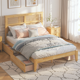 Sunvega Full Size Bed with Rattan Headboard Two Storage Drawers and Enhanced Support Slats