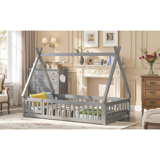 Sunvega Twin Tent Teepee Bed with Guardrails Slats in Grey