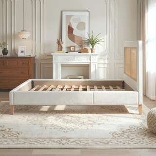 Sunvega Antique White Polyester Upholstered Cane-Back Platform Bed with Birch Frame