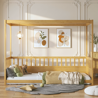 Sunvega Kids Twin Size Floor Canopy Bed with Guardrails and Four Poster Design