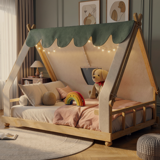 Sunvega Full Size House Bed with Detachable Tent and Light for Kids Room