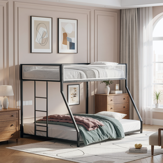 Sunvega Contemporary Twin Over Full Metal Bunk Bed with Reversible Ladder and Mesh Safety Rails