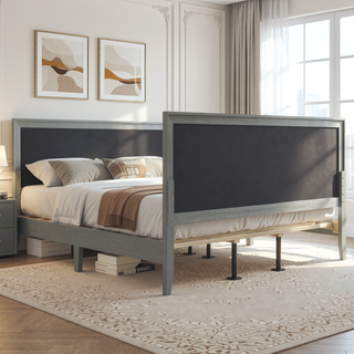 Sunvega Solid Wood King Bed with Upholstered Headboard in Grace Grey Finish