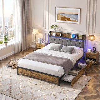 Sunvega Queen Bed Frame with Storage Headboard USB Outlets LED Lights and 4 Drawers