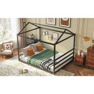 Sunvega Black Metal House Shape Platform Bed Frame with Slats for Queen Size