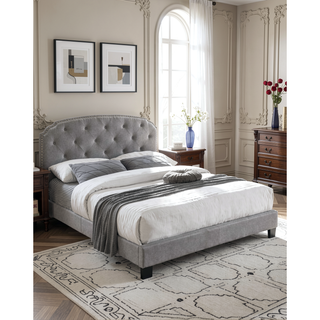 Sunvega Light Gray Burlap Button Tufted Headboard Queen Size Bed with Nailhead Trim