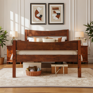 Sunvega Twin Size Wood Platform Bed with Headboard and Wooden Slat Support in Walnut