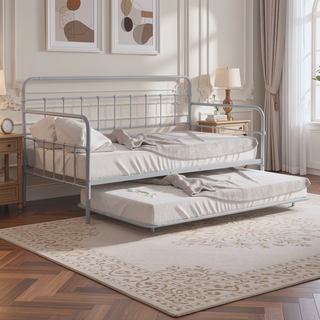 Sunvega Silver Contemporary Twin Metal Daybed with Trundle and Pipe Framework