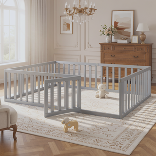 Sunvega Twin Size Wood Floor Bed Frame with Fence and Door in Walnut Finish