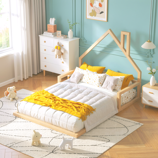 Sunvega Natural Wood Floor Bed with House-Shaped Headboard for Kids Room