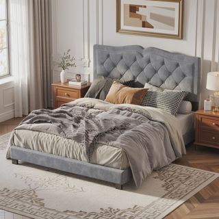 Sunvega Queen Size Upholstered Platform Bed with Tufted Velvet Headboard and Rivet Accents