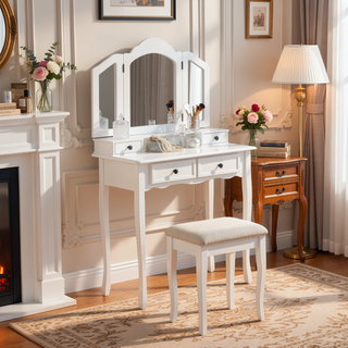 Sunvega Rose Gold Vanity Makeup Table Set with Mirror and Upholstered Bench