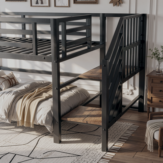 Sunvega Low Twin Metal Loft Bed with Stairs and 6 Rolling Storage Cubbies for Kids