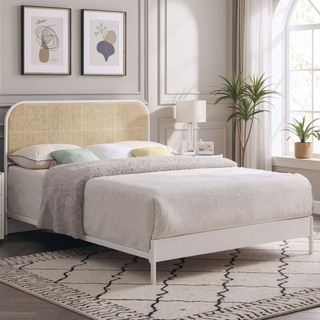 Sunvega Coastal White Queen Metal Bed with Radio Weave Rattan Headboard