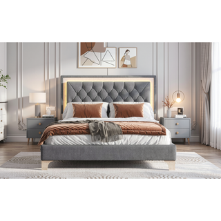 Sunvega Queen Size Upholstered Velvet Bed Frame with LED Lights and Tufted Headboard