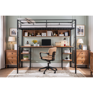 Sunvega Sturdy Metal Twin Size Loft Bed with Built-in Desk and Shelves