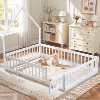 Sunvega Full Size House Shaped Headboard Floor Bed with Safety Fence Guardrails