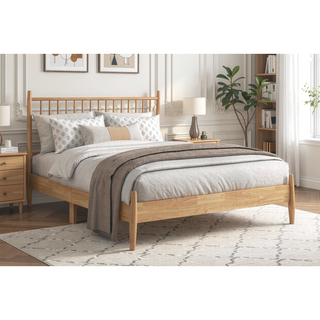 Sunvega Mid-Century Modern Design Full Platform Bed with Vertical Slats Headboard