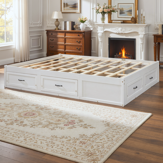 Sunvega Antique Natural Queen Size Platform Bed with 6 Spacious Storage Drawers