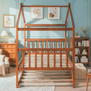 Sunvega Twin Size Wooden House Bed with Trundle and Headboard for Kids Room