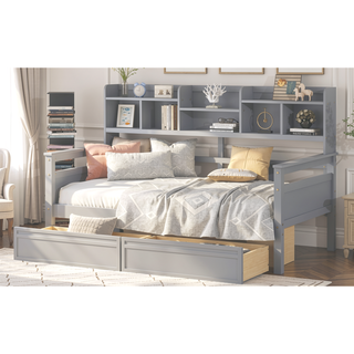 Sunvega Twin Size Daybed with Wood Slat Support, Bedside Shelf, and Two Drawers