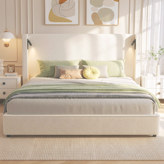 Sunvega King Size Upholstered Bed Frame with High Wingback Headboard and Reading Lamp