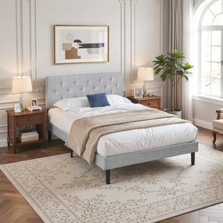 Sunvega Modern Upholstered Platform Bed Frame with Button Tufted Linen Headboard