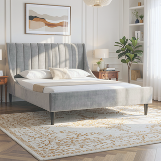 Sunvega Handmade Vertical Tufted Headboard Platform Bed Set in Light Beige Linen